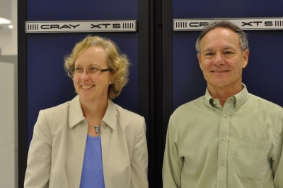 Kathy Yelick and Eddy Rubin in front of Cray XT5 supercomputer