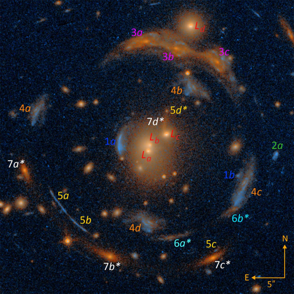 Glowing orb surrounded by mirror images of several different galaxies.